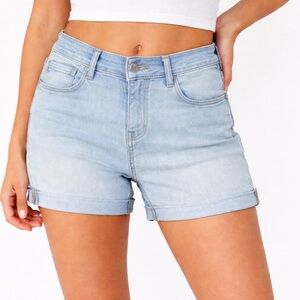 Kenzie Blue Mid Rise Cuffed Faded Denim Vacation Resort wear Comfy Jean Shorts